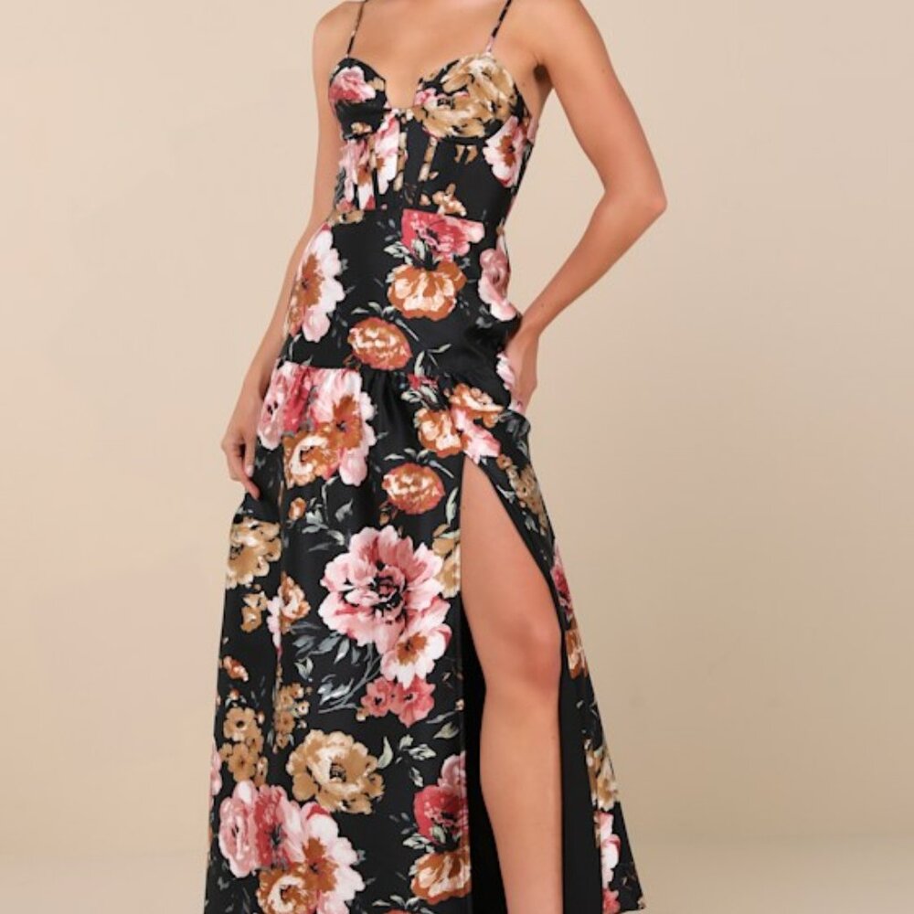 Lulus Confident Delight Black Floral Tiered Bustier Maxi Dress - Size M